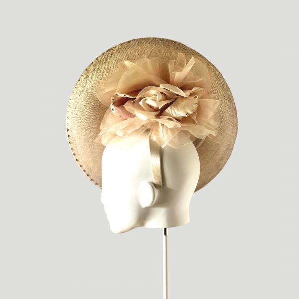 Sienna sinamay saucer side view with oversized silk and velvet flower