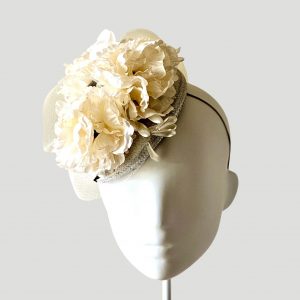 Sophie mid size silver pillbox headpiece with ivory roses front view