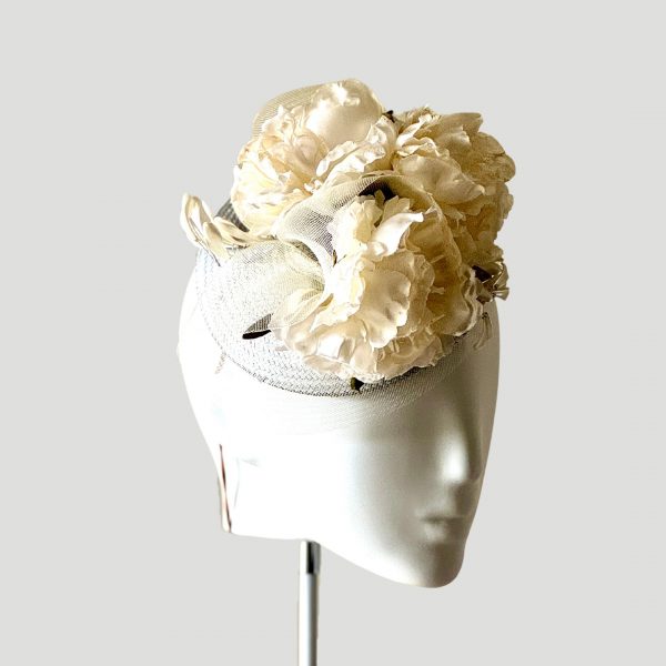 Sophie mid size silver pillbox headpiece with ivory roses right side view