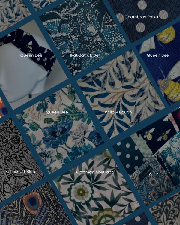 Selection of Blue based fabrics, named, for the effortless headwrap collection