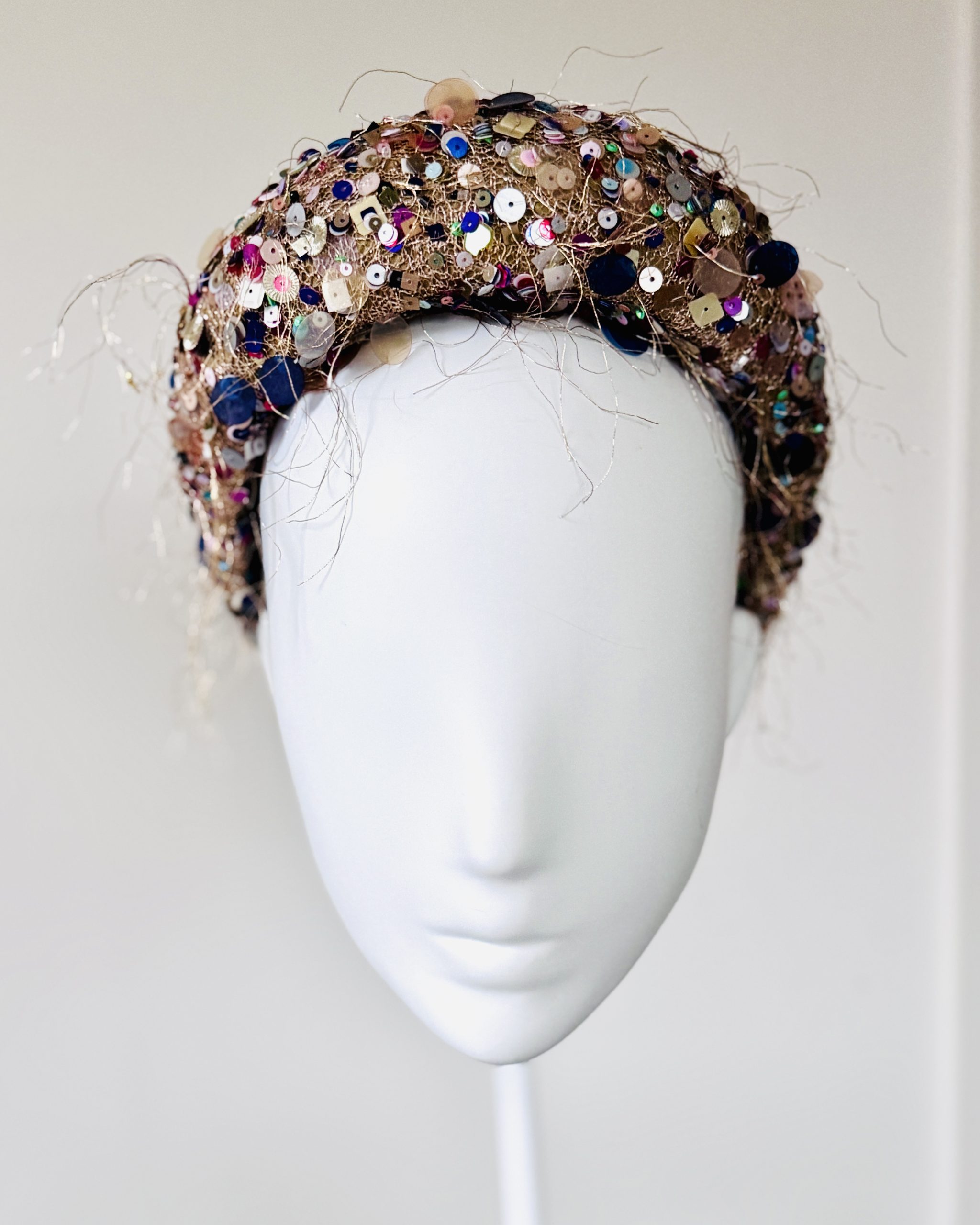 Klimt a gold jewelled moon band halo with multi coloured sequin beads - front view