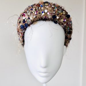 Klimt a gold jewelled moon band halo with multi coloured sequin beads - front view ..